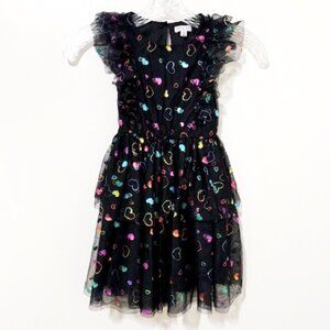 Nanette Lepore Black Tulle Dress Multicolored Metallic Heart Print Girls Size 5